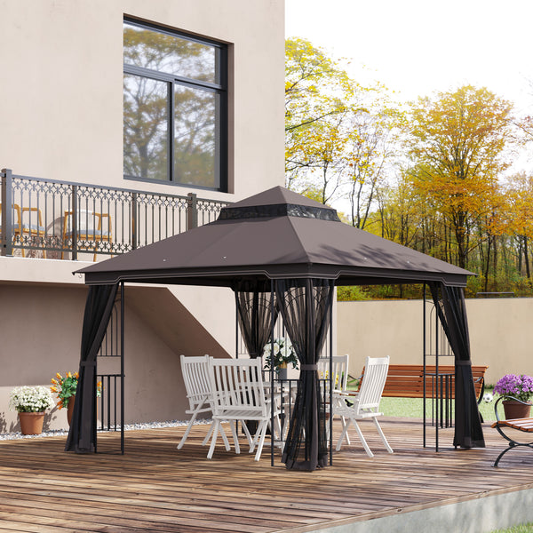10 x 10 gazebo with double-pitched soft roof, mesh curtains, coffee color
