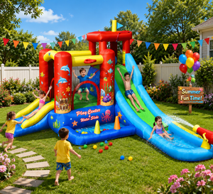 9-in-1 Inflatable Water Slide for Kids, Bouncing House (No Blower Required)