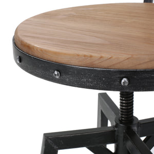 Adjustable metal bar stool with wooden seat, 360° swivel, antique black