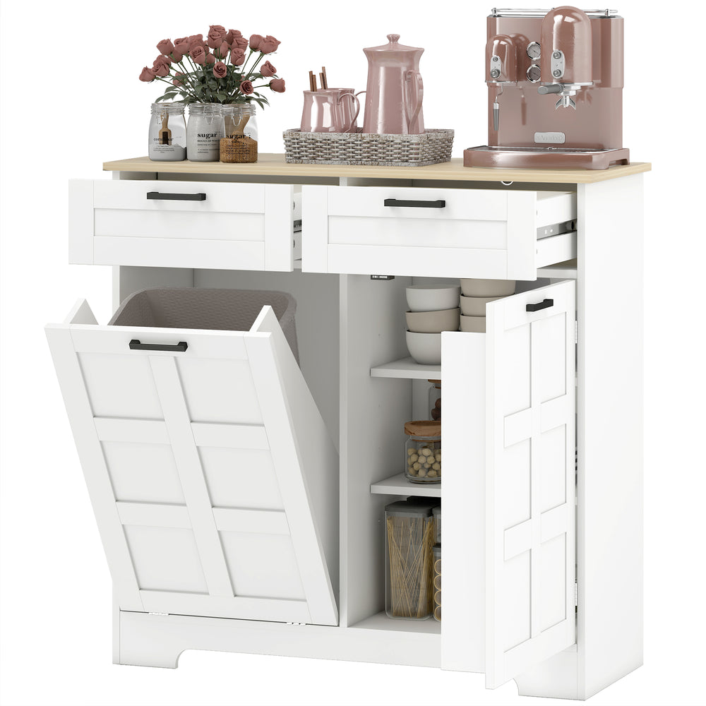 13 Gallon Tilt-Out Trash Can Cabinet with 2 Drawers, Door Shelves and Adjustable Shelves, White.