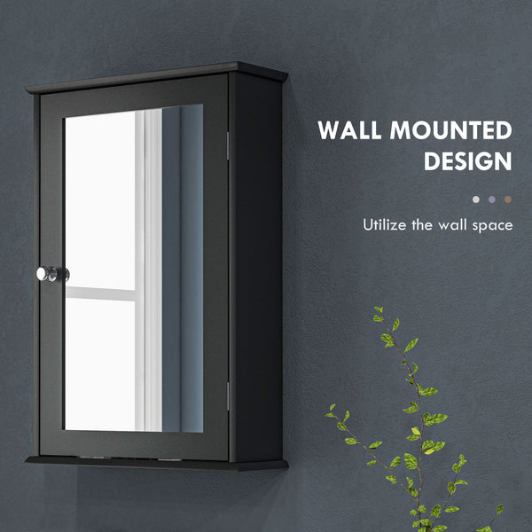 Wall-mounted medicine cabinet with mirror, door and shelves, black