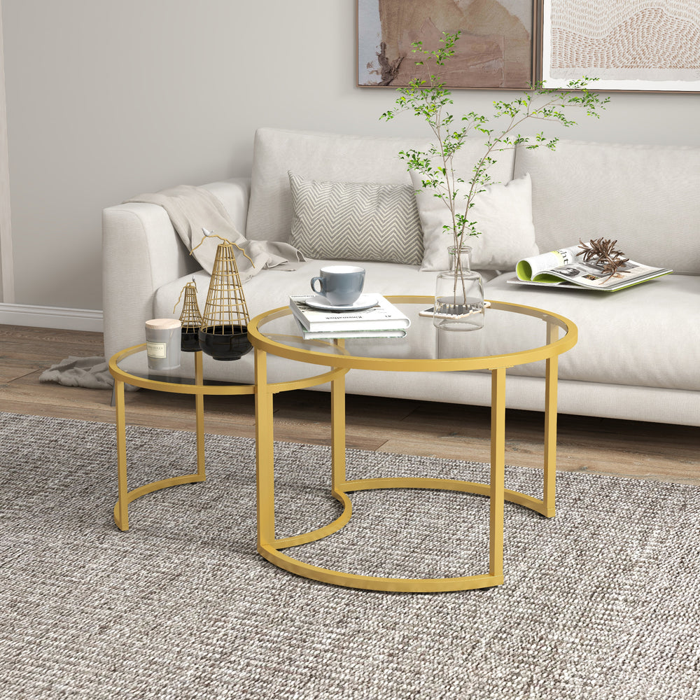 Set of 2 modern round coffee tables with gold tempered glass top