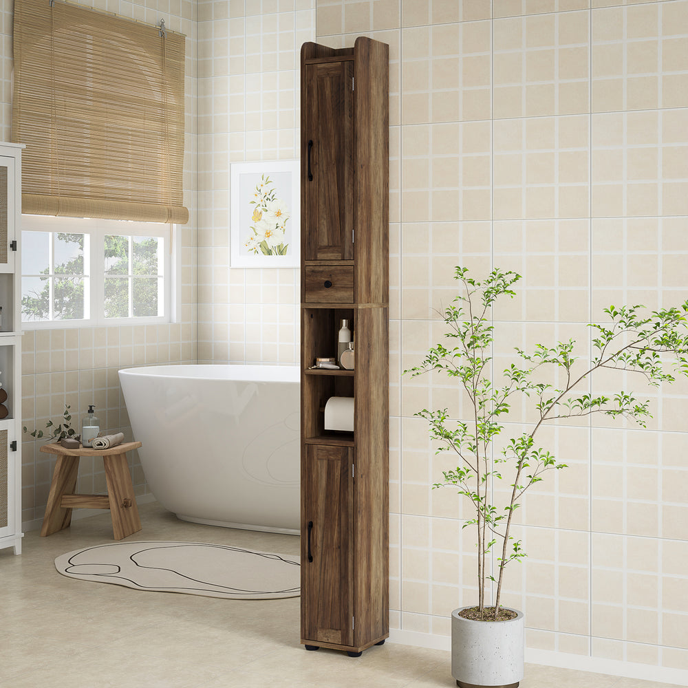 Narrow bathroom vanity, tall with barn doors, drawer and adjustable shelves, brown wood look