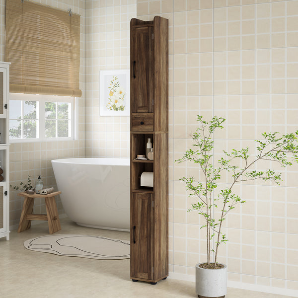 Narrow bathroom vanity, tall with barn doors, drawer and adjustable shelves, brown wood look
