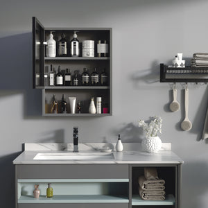 Wall-mounted mirror cabinet with single door, storage shelves and stainless steel frame, black