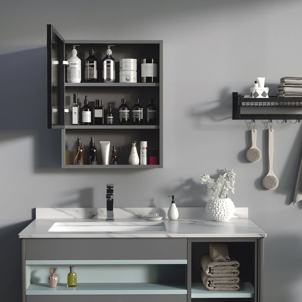 Wall-mounted mirror cabinet with single door, storage shelves and stainless steel frame, black