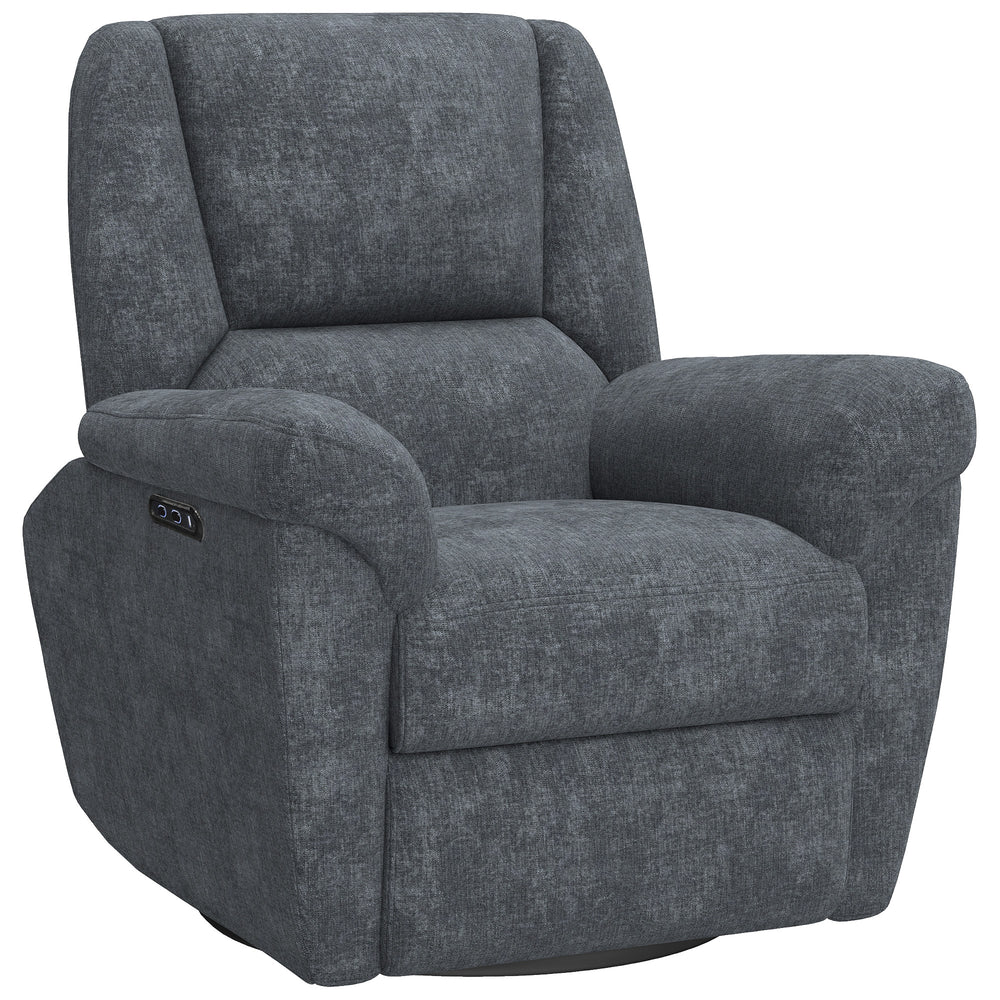 Electric reclining chair, fabric upholstery, USB ports, swivel and rocking function, footrest, dark grey