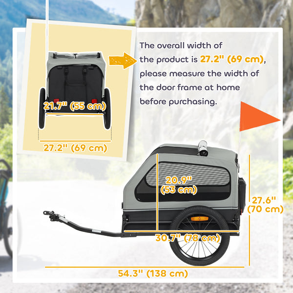 Dog bike trailer, suitable for small to medium-sized dogs up to 20 kg, with universal hitch and fold-down ramp tailgate, grey.