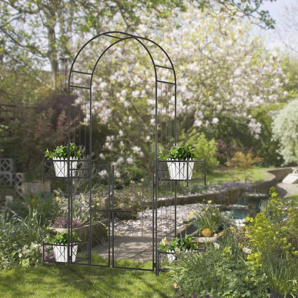 Metal garden arch with gate and 4 planters