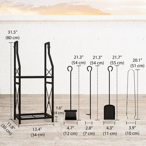 2-tier firewood rack with 4 fireplace tools