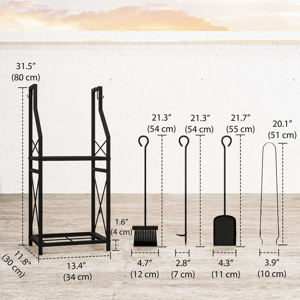 2-tier firewood rack with 4 fireplace tools