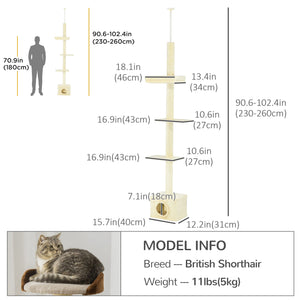 Floor-to-ceiling cat tree with scratching post, house and bed, beige