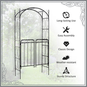 Metal garden arch with scrollwork doors