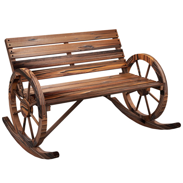 Two-seater outdoor wooden rocking bench with wagon wheel shaped armrests