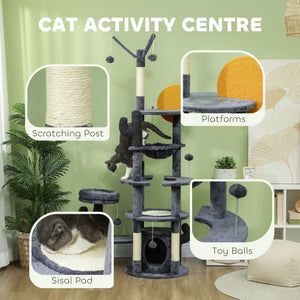 71" Cat Tree with Scratching Posts, Sisal Mat, Condo, Bed, Hammock, Play Balls, Dark Grey