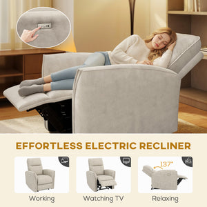 Electric reclining chair, fabric upholstery, USB ports, footrest, beige