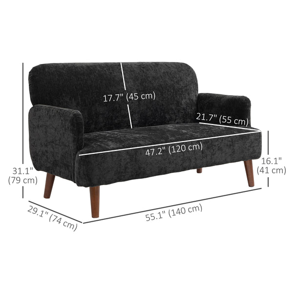 2 seater sofa in velvet fabric with padding and wooden legs, black