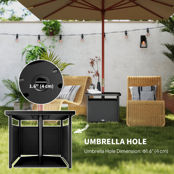 Outdoor coffee table in woven rattan with a hole for a parasol, black