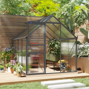 Greenhouse with adjustable roof ventilation, galvanized base, sliding door and gutter