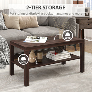 2-Tier Coffee Table with Storage Shelf, Rectangular Center Table for Living Room, Walnut