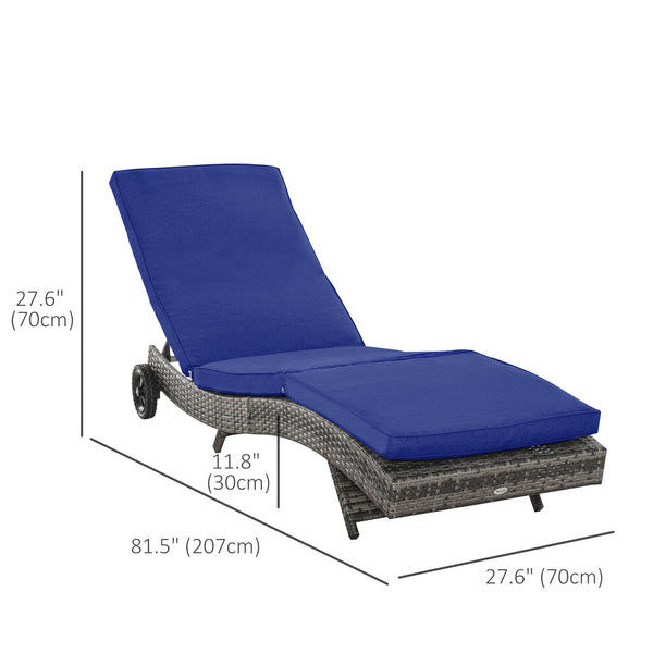 Adjustable wicker resin chaise lounge with cushion and wheels, dark blue 