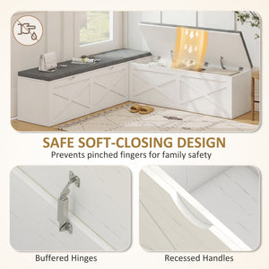 Modular entryway bench with 5 hidden storage compartments and padded cushions – White wood effect