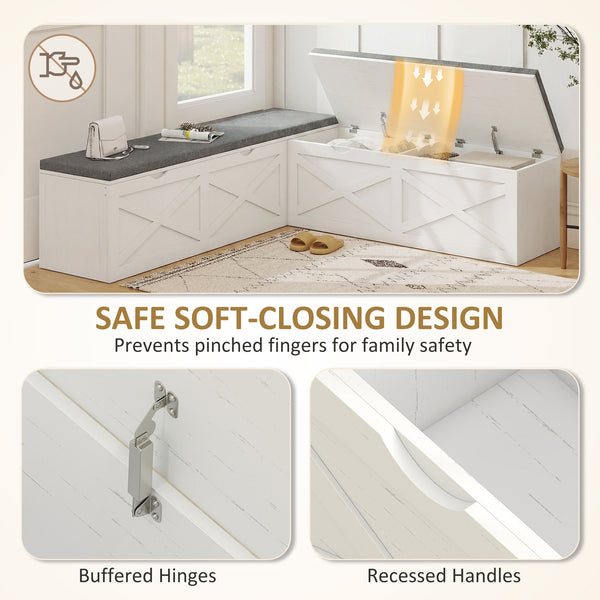 Modular entryway bench with 5 hidden storage compartments and padded cushions – White wood effect