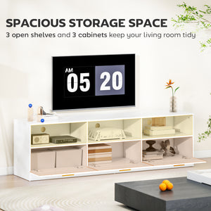TV stand with 3 cabinets and 3 open shelves, for TVs up to 85 inches, white