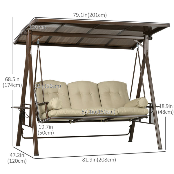 3-seater swing with cushions, pillows and adjustable polycarbonate canopy