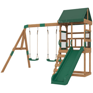 Outdoor play structure with slide, 2 swings, climbing wall and covered deck, outdoor children's play area