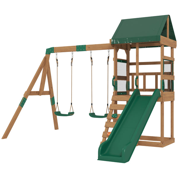 Outdoor play structure with slide, 2 swings, climbing wall and covered deck, outdoor children's play area