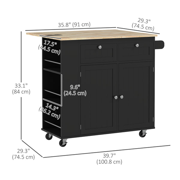 Kitchen island with power outlet and drop leaf, 2 drawers and adjustable shelves, black