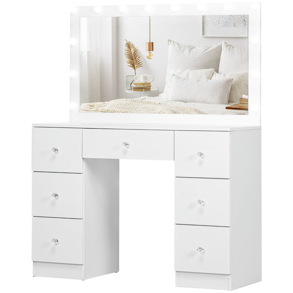 Dressing table with mirror and lighting, 7 drawers and 14 LEDs, white