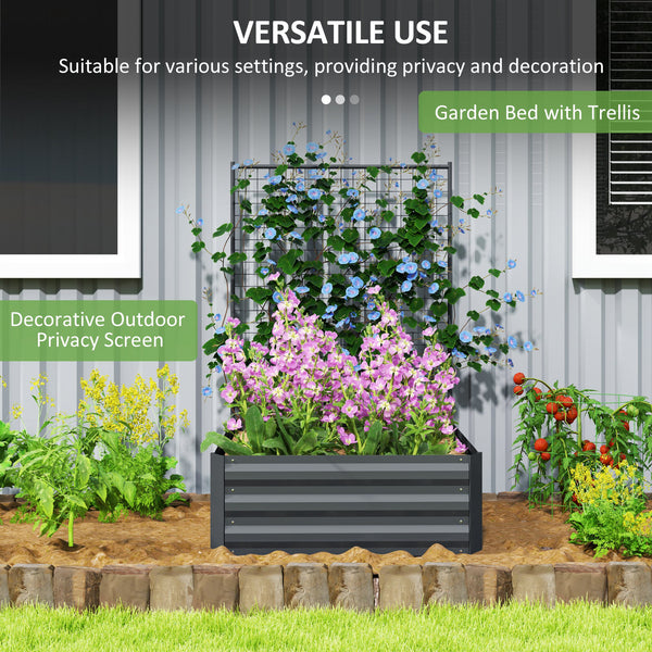 Galvanized Raised Garden Bed with Trellis for Climbing Plants, Outdoor Planter Box with Open Bottom, Dark Gray