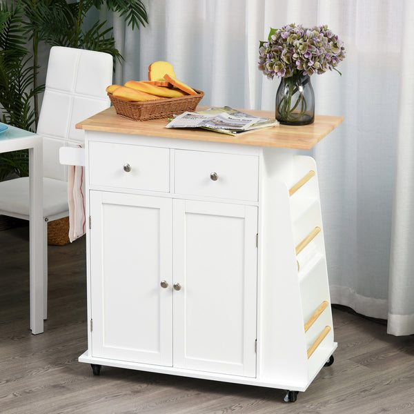 Rolling Kitchen Cart with Rubber Wood Top, 3-Tier Spice Rack and Towel Rack, White.