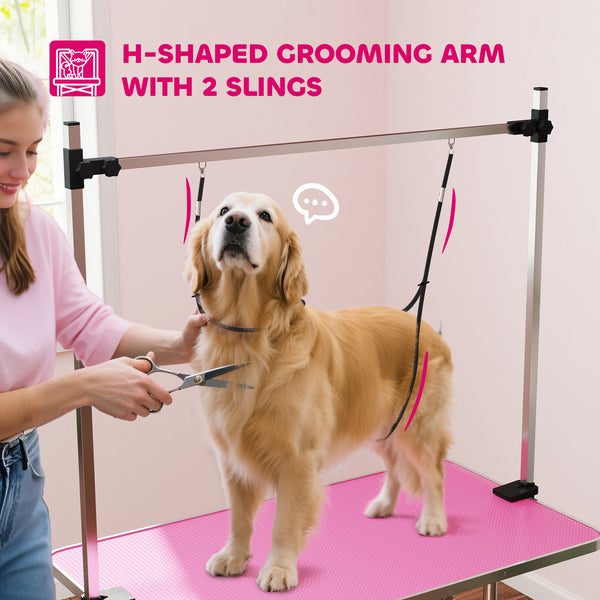 Adjustable Dog Grooming Table with 2 Safety Straps and Storage Basket, Pink