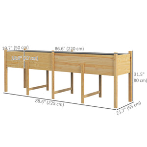 Raised wooden garden bed with legs, liner and drainage holes, 225.5 cm x 55 cm x 79 cm