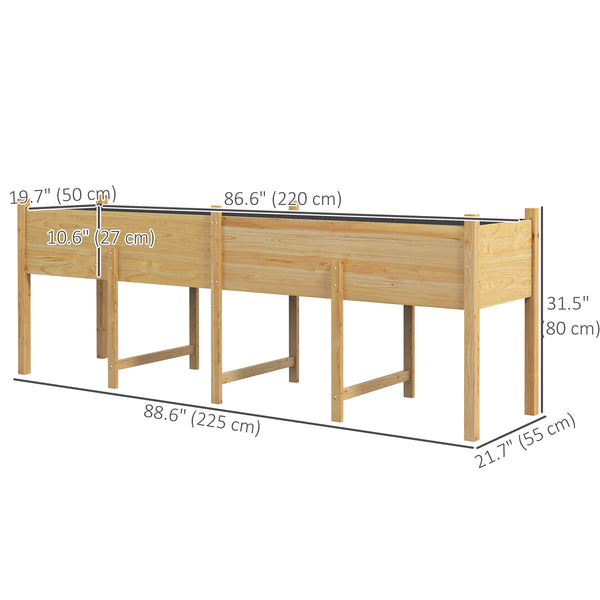Raised wooden garden bed with legs, liner and drainage holes, 225.5 cm x 55 cm x 79 cm