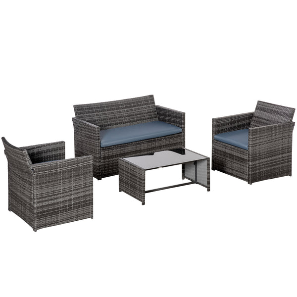 4-piece resin wicker furniture set with glass coffee table, grey