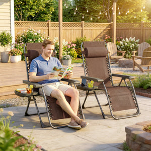 Set of 2 Zero Gravity Outdoor Lounge Chairs, Folding and Reclining, with Cup Holder and Headrest, Brown