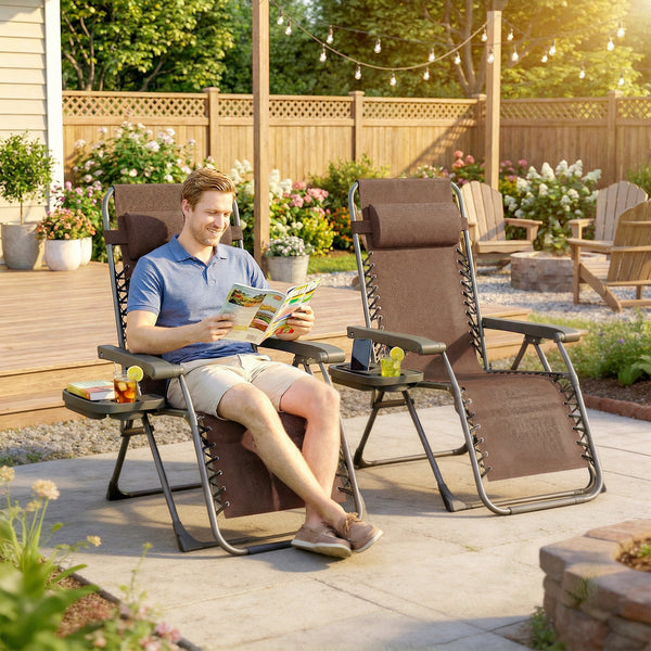 Set of 2 Zero Gravity Outdoor Lounge Chairs, Folding and Reclining, with Cup Holder and Headrest, Brown