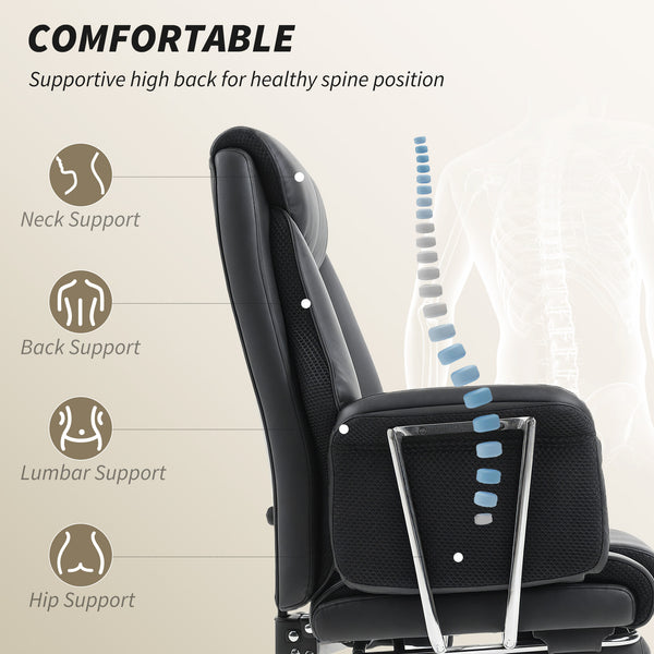 Upholstered reclining office chair with high backrest, faux leather upholstery, footrest, swivel casters, black