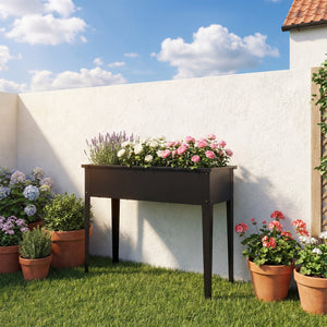 Raised garden bed with reinforced corners, metal on legs with drainage hole, black