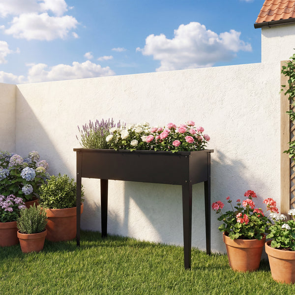 Raised garden bed with reinforced corners, metal on legs with drainage hole, black