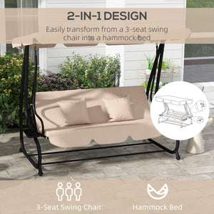3-seater outdoor swing, convertible into a flat bed with adjustable shade, removable cushions, cup holder, light brown