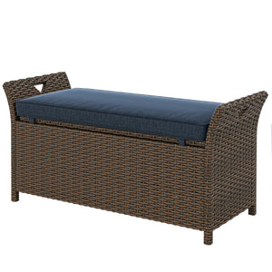 2-in-1 outdoor wicker storage bench with handles and cushion, navy blue