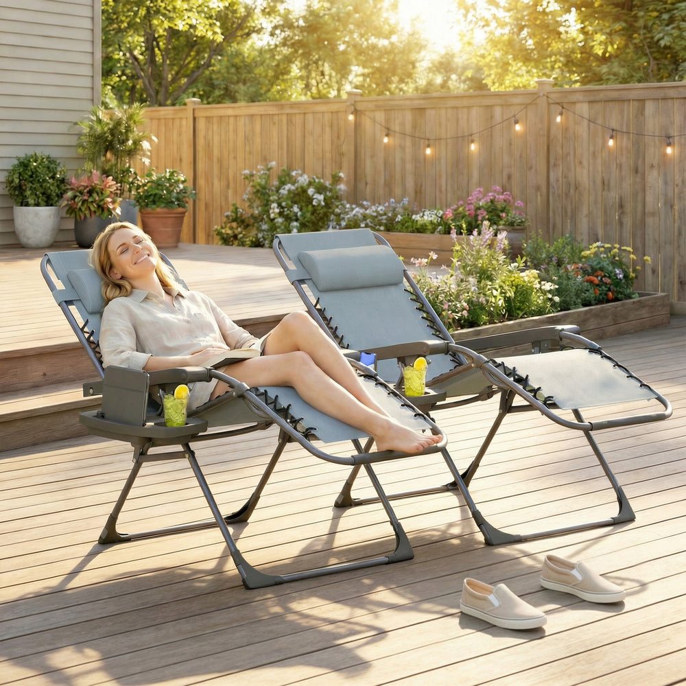 Set of 2 Zero Gravity Outdoor Lounge Chairs, Folding and Reclining, with Cup Holder and Headrest, Light Grey