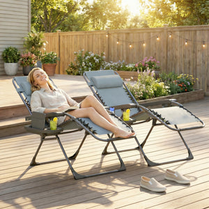 Set of 2 Zero Gravity Outdoor Lounge Chairs, Folding and Reclining, with Cup Holder and Headrest, Light Grey