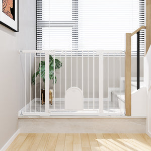 Extra-wide safety gate with small door, white