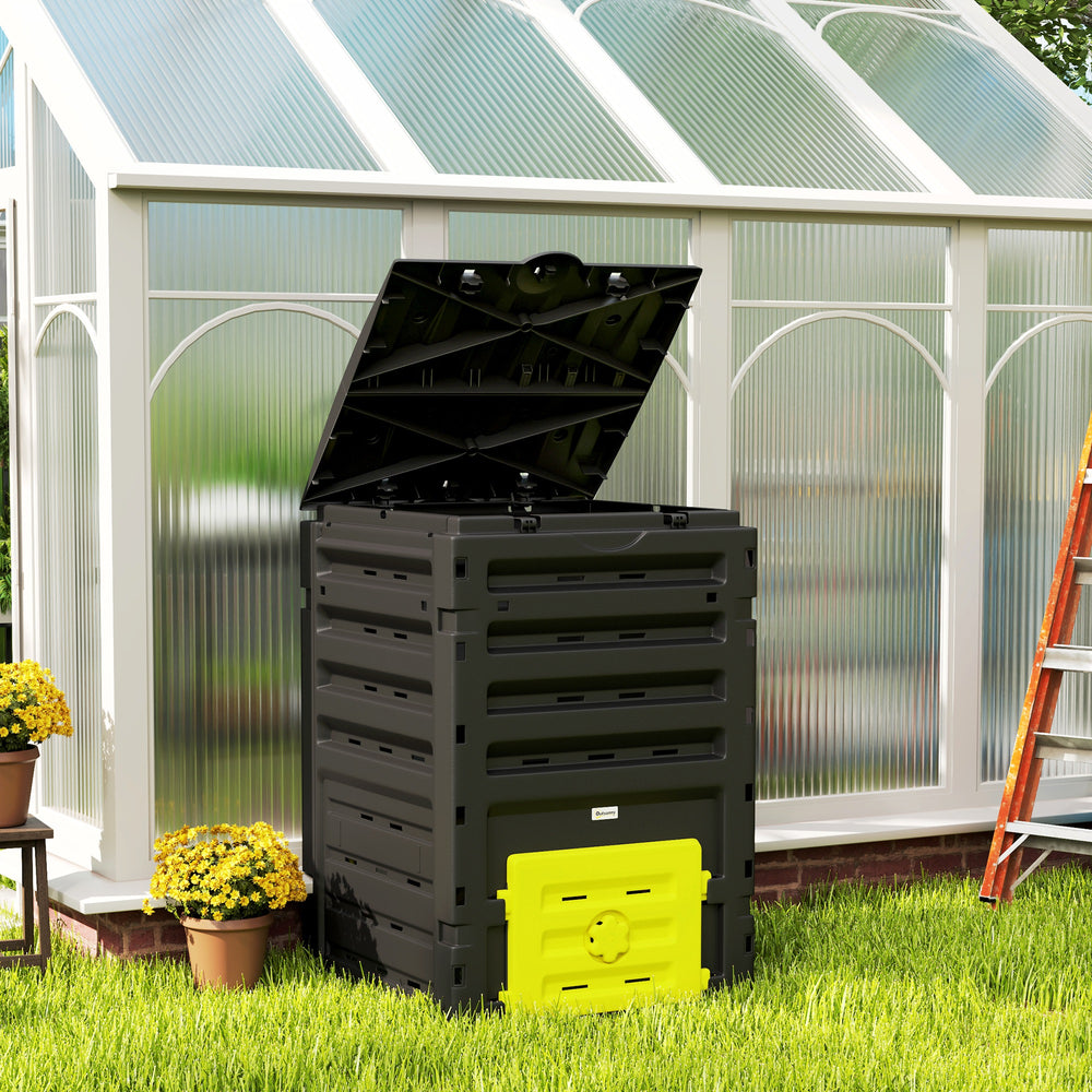 Garden composter with 80 ventilation holes and 2 sliding doors, 450 L, yellow